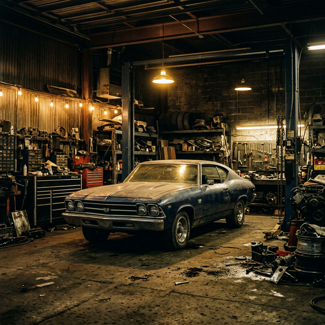 Men gathered in a classic car garage — The Shop